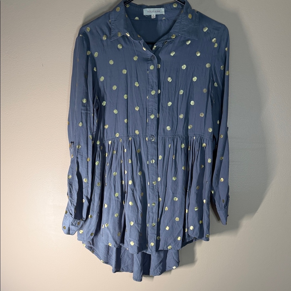 Solitaire Navy Blue Button-Down Peplum Shirt with Gold Polka Dots